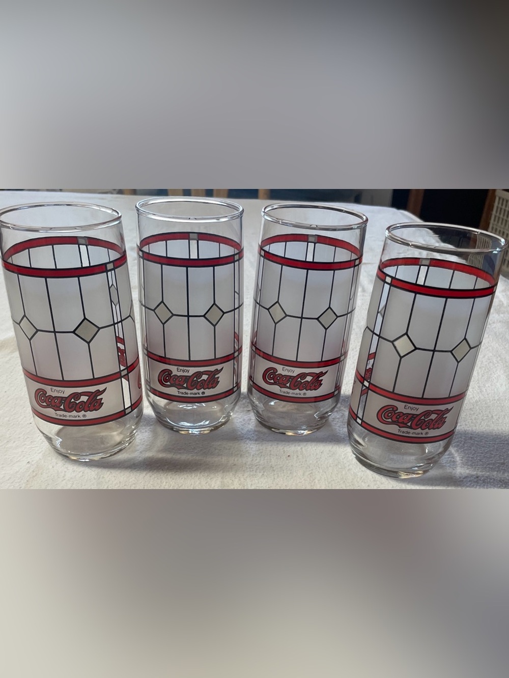 Set of 4  Vintage Frosted Tiffany Pattern Coca Cola 16oz Glasses